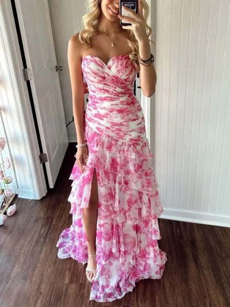 Front view of a floral print prom dress with a sweetheart neckline, mermaid silhouette, and high slit.
