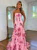 Front view of a fresh pink floral print strapless prom dress.