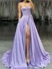Front view of a unique lavender satin prom dress with a sweetheart neckline and corset bodice.