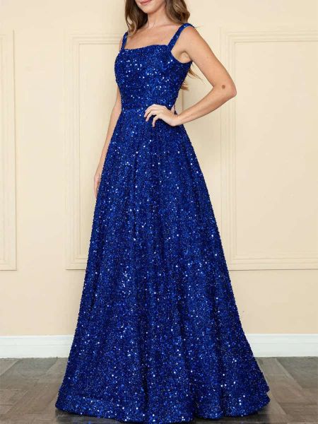 Front view of a royal blue sequin A-line prom dress with thin, elegant straps.