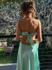 Back view of the mint green dress, showing the slender straps and any back cutout or bow.