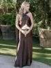 Front view of a brown satin bridesmaid dress with a halter neckline and a high side slit.