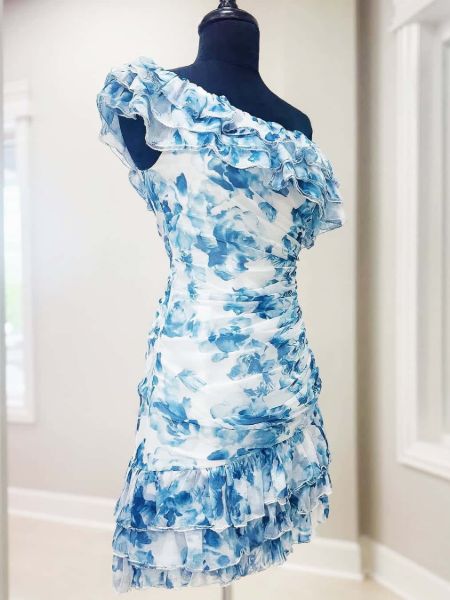 Blue watercolor print homecoming dress with an elegant one-shoulder neckline.