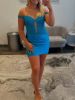 Turquoise Blue off-the-shoulder homecoming dress with a beaded bodice and full skirt.