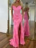 Hot pink strapless sweetheart mermaid prom dress with floral applique detailing on the bodice and skirt.