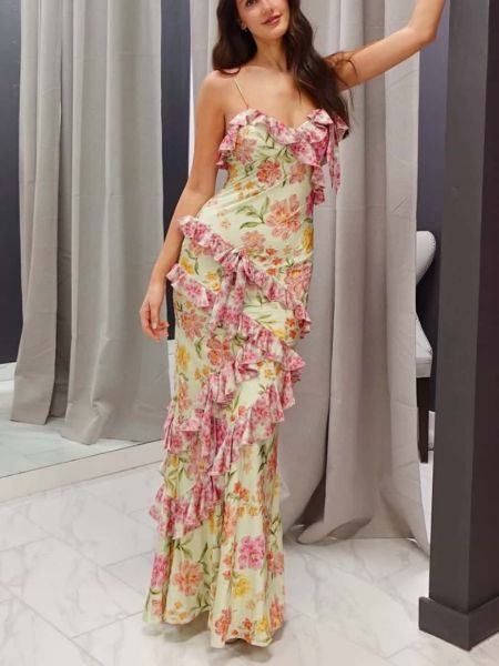 Summer floral maxi dress with asymmetrical single strap and cascading ruffle details.