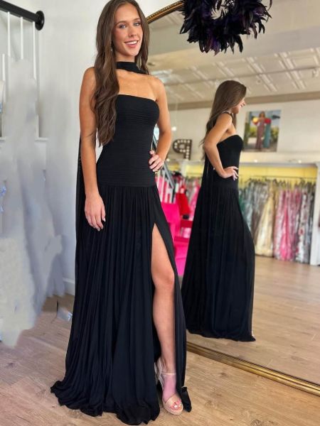 Black floor length prom dress with strapless bodice and optional halter neck strap.