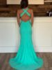 Back view of the turquoise mermaid gown, showing the empire waist and dramatic flare.
