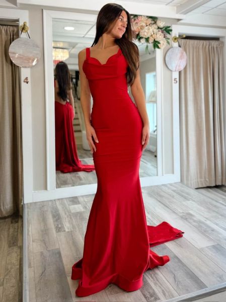 Red matte mermaid prom dress with sweetheart neckline, fitted silhouette, and dramatic train.
